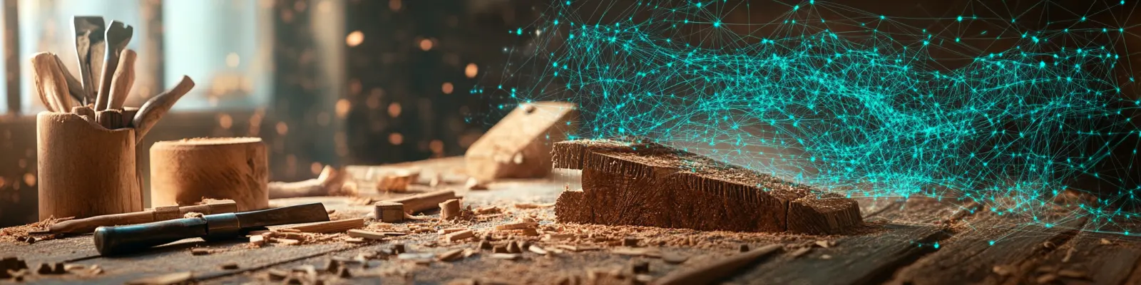 Craftsman workbench transitioning into digital mesh