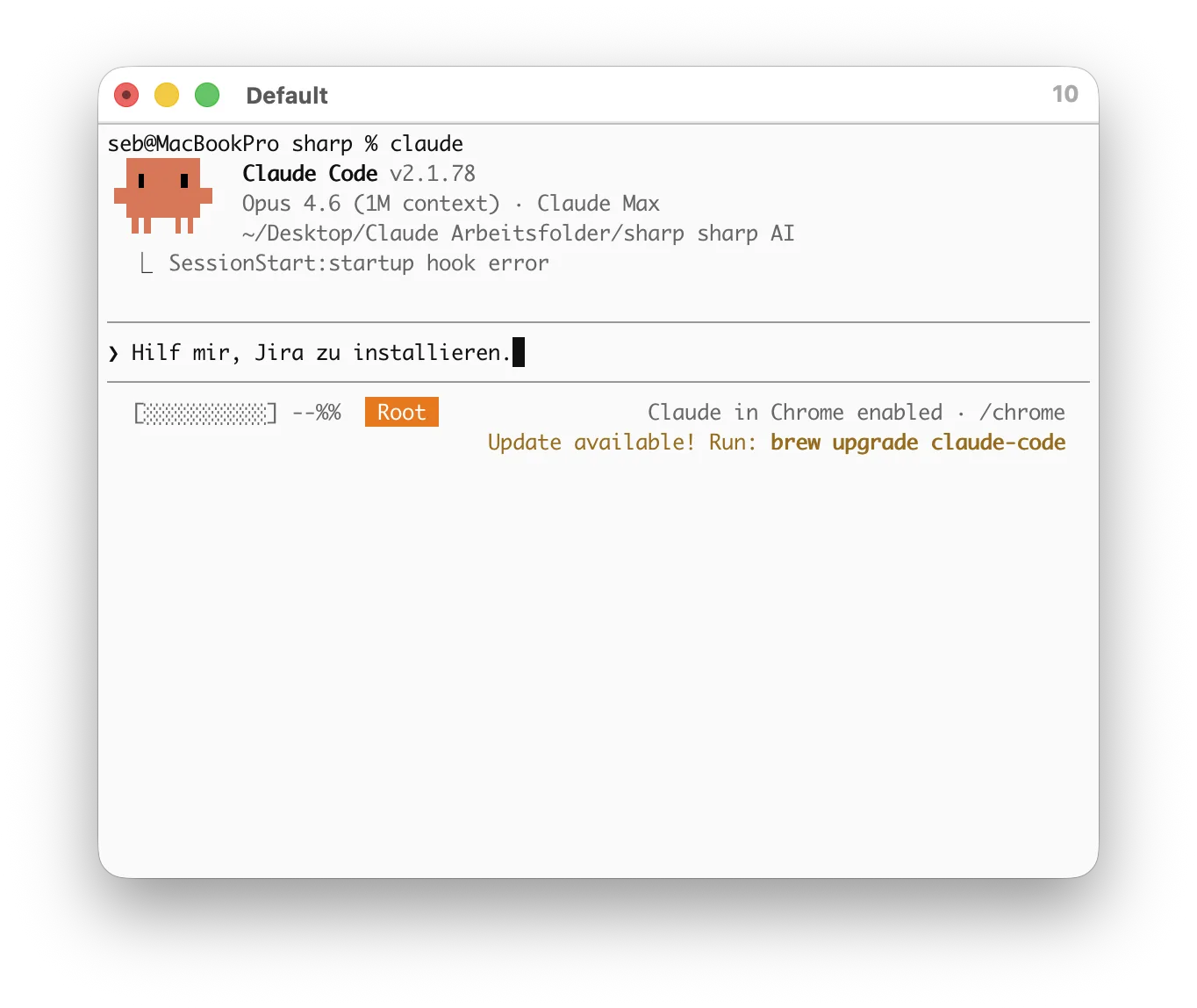 Terminal: Claude Code mit Prompt 'Hilf mir, Jira zu installieren.'